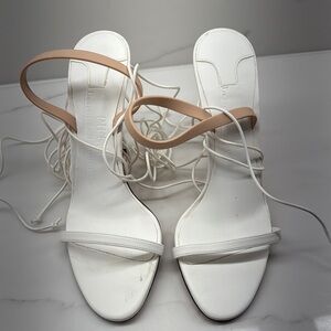Neiman Marcus White and Tan Ankle Strap Heels